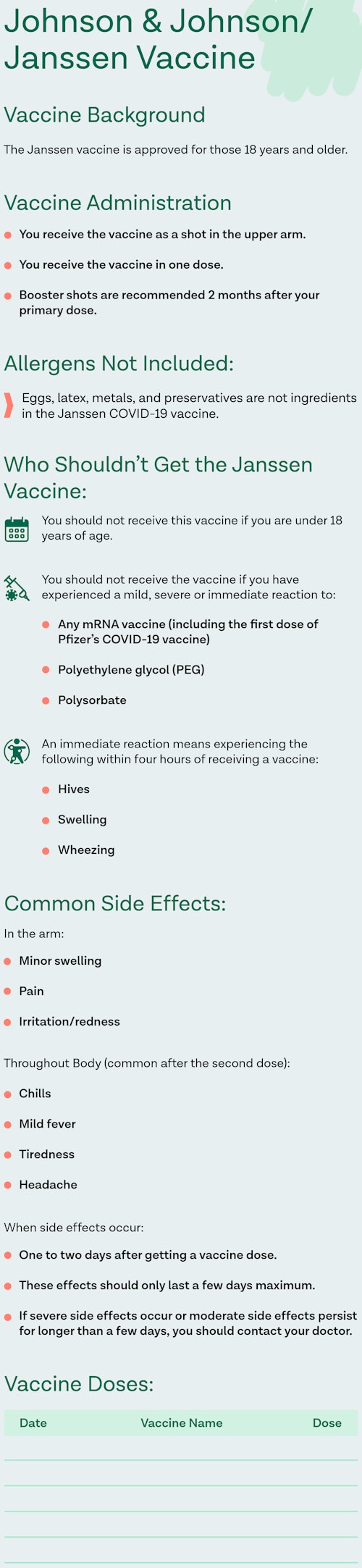 Infographic breaking down must-know information on the Johnson & Johnson/Janssen COVID-19 Vaccine.