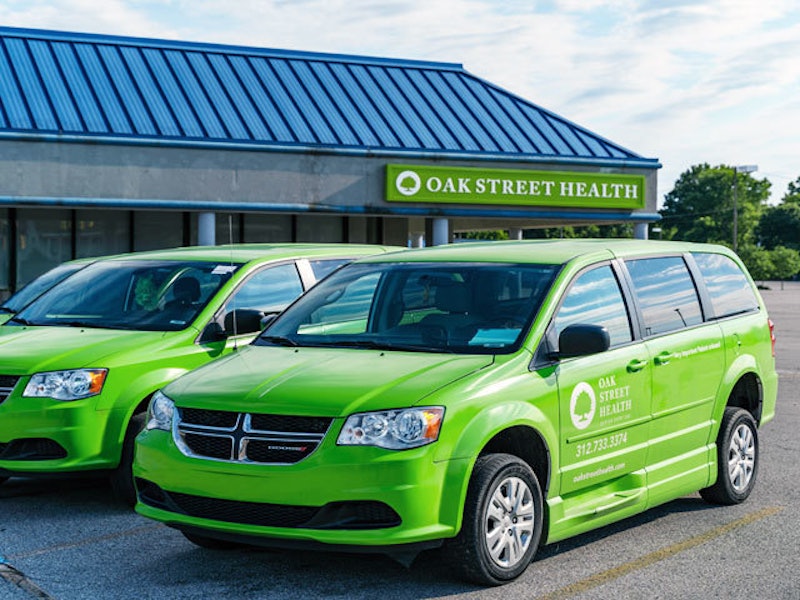 An Oak Street Health van parked in front of the Irvington primary care clinic in Indianapolis, Indiana.