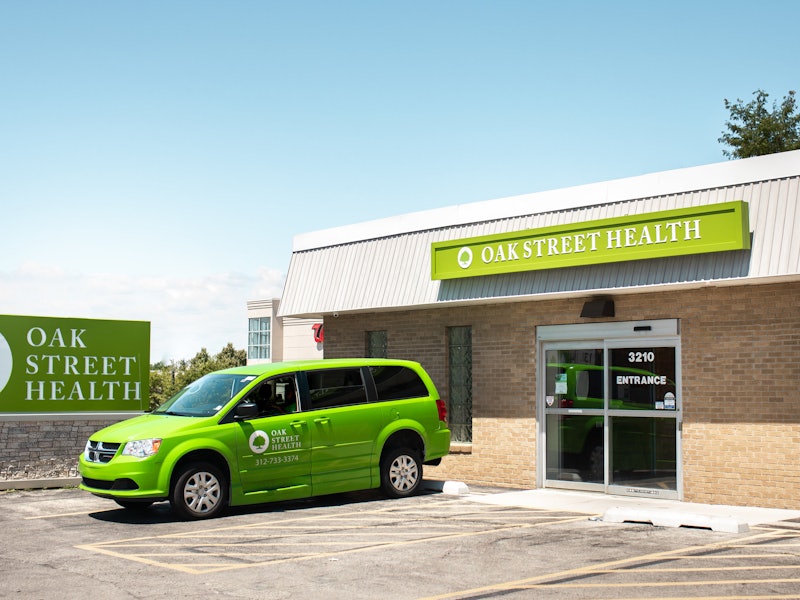 An Oak Street Health van parked in front of the Waukegan primary care clinic in Waukegan, Illinois.