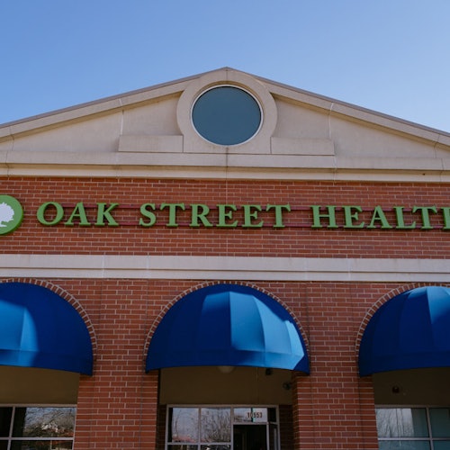The Oak Street Health sign above the entrance to the Glenville primary care clinic in Cleveland, Ohio.