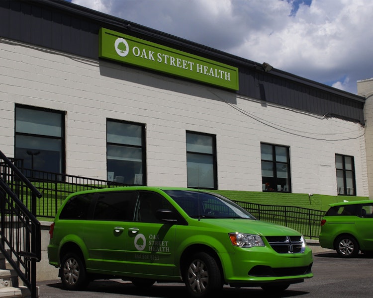 An Oak Street Health van parked in front of the Parkside primary care clinic in Parkside, Pennsylvania.
