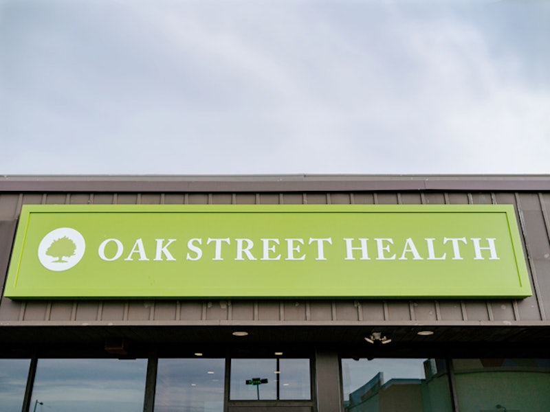 The Oak Street Health sign on the exterior of the Aramingo primary care clinic in Philadelphia, Pennsylvania.