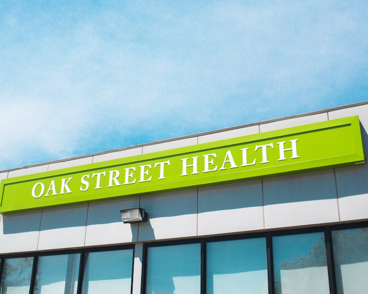 The Oak Street Health sign on the exterior of the Bronzeville primary care clinic in Chicago, Illinois.